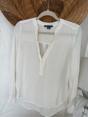Vince Cream Sheer Split V-Neck Blouse